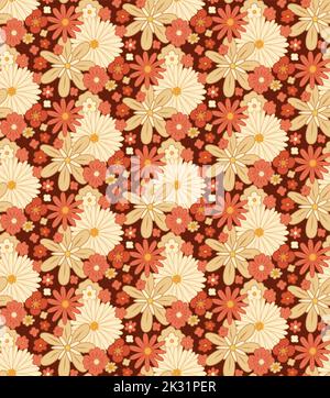 Motif vectoriel rétro sans couture avec des fleurs denses et groovy. Texture hippie avec différentes fleurs de beige et de corail sur fond sombre. Rétro floral Illustration de Vecteur
