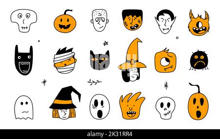 Halloween ensemble de personnages monstre, fantôme, citrouille, chat, sorcière, zombie et araignée. Illustration vectorielle creepy avata, le 31 octobre. Illustration de Vecteur