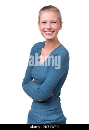 Shes un visage amical. Un portrait studio d'une belle jeune femme avec ses bras pliés. Banque D'Images