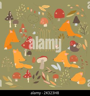 Ensemble de dessins animés avec de mignons renards, champignons et feuilles automnales colorées Illustration de Vecteur