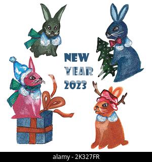 Aquarelle nouvel an 2023 ensemble de lapins colorés avec accessoires de Noël. Icône avec lapin du nouvel an Banque D'Images