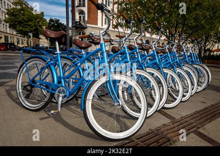 Location de vélos bycicles bleus dans le centre de Copenhague, Danemark Banque D'Images