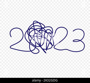 stylo à 2023 chiffres écrit avec des lignes chaotiques. Affiche de l'événement du nouvel an, couverture de carte de vœux, conception du calendrier 2023, invitation à célébrer le nouvel an Illustration de Vecteur
