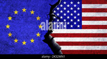 Drapeaux des États-Unis et de l'UE ensemble. Union européenne et États-Unis d'Amérique relation, conflit, crise, concept économique. USA contre UE Banque D'Images