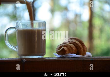 Une tasse de café ou de thé avec un croissant sur un fond de nature. Tôt le matin dehors dans la forêt avec un lac. Femme qui apprécie le thé chaud de la coupe à l'intérieur Banque D'Images