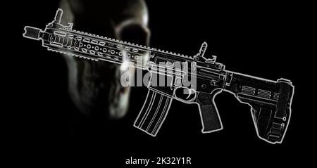 3D illustration d'un fusil d'assaut avec une clé de pistolet et un crâne derrière Banque D'Images