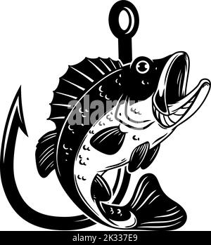 Bassfish et crochet de pêche. Élément de conception pour emblème, signe, badge, logo. Illustration vectorielle Illustration de Vecteur