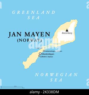 Jan Mayen, carte politique. Île volcanique norvégienne dans l'océan Arctique, entre la mer du Groenland et la mer de Norvège, partiellement couverte de glaciers. Banque D'Images