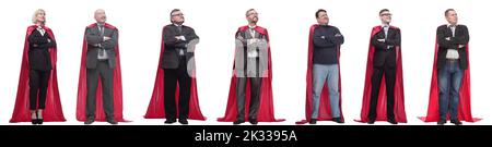 groupe de personnes en imperméable rouge isolé sur blanc Banque D'Images