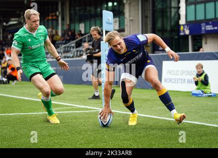 Duhan van der Merwe, des Warriors de Worcester, a fait un essai lors du match Gallagher Premiership au Sixways Stadium de Worcester. Date de la photo: Samedi 24 septembre 2022. Banque D'Images