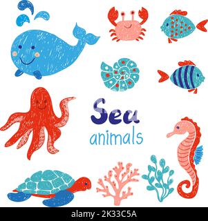 Animaux de la mer aux couleurs rouge et bleu. Doodle les dessins d'enfants. Illustration vectorielle Illustration de Vecteur