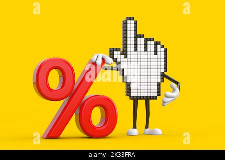 Pixel main curseur personnage de la personne Mascot avec Red Retail Percent sale ou Discount Sign sur un fond jaune. 3D rendu Banque D'Images