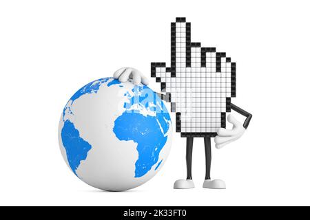 Pixel main curseur personnage de personne Mascot avec Earth Globe sur fond blanc. 3D rendu Banque D'Images