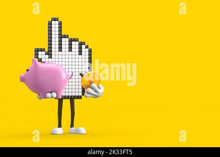 Pixel main curseur personnage de la personne mascotte avec Piggy Bank et Golden Dollar coin sur un fond jaune. 3D rendu Banque D'Images