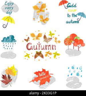 Ensemble de signes et symboles d'automne aquarelle isolés sur blanc. Collection Vector coloré automne Illustration de Vecteur
