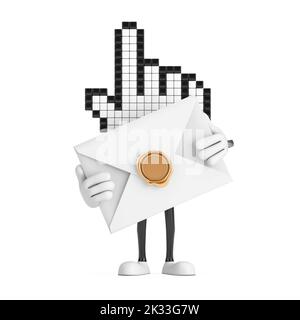 Pixel main curseur personnage de personne mascotte avec enveloppe blanche vierge sur fond blanc. 3D rendu Banque D'Images