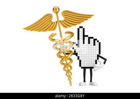 Pixel main curseur personnage de la personne mascotte avec le symbole du Caduceus Golden Medical sur un fond blanc. 3D rendu Banque D'Images