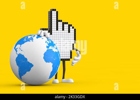 Pixel main curseur personnage de personne Mascot avec Earth Globe sur fond jaune. 3D rendu Banque D'Images