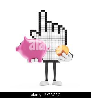 Pixel main curseur personnage de la personne mascotte avec Piggy Bank et Golden Dollar coin sur un fond blanc. 3D rendu Banque D'Images