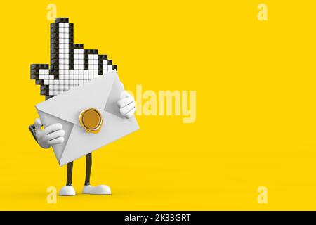 Pixel main curseur personnage de personne mascotte avec enveloppe blanche vierge sur fond jaune. 3D rendu Banque D'Images