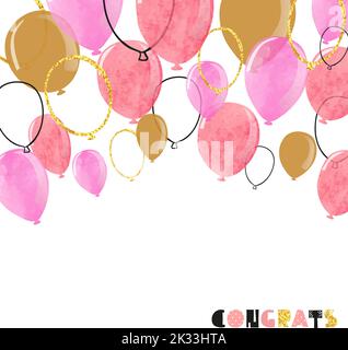 Montgolfière rose aquarelle et or étincelant. Fond de célébration vectoriel Illustration de Vecteur