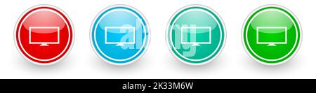 Écran, icônes vectorielles tv, boutons colorés et brillants en blanc Illustration de Vecteur