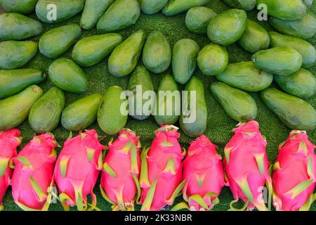 Pile de pitaya ou fruit dragon, Big Bunch de fruits Dragon rose et vert bio avocat dans le marché, dans le marché traditionnel, espace copie. Banque D'Images