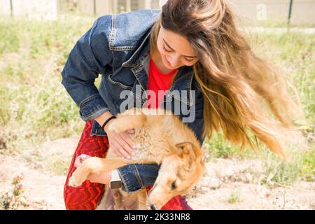 BAKOU, AZERBAÏDJAN, 16 MAI 2018 : volontaire de fille dans la pépinière pour chiens. Refuge pour chiens errants Banque D'Images