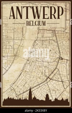 Carte du réseau des rues du centre-ville D'ANVERS, EN BELGIQUE, imprimée à la main, d'époque brune, avec gratte-ciel et lettrage marron Illustration de Vecteur