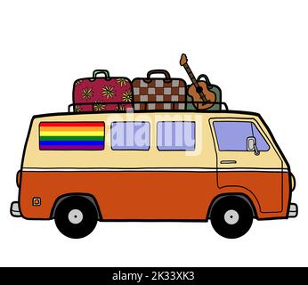 Une fourgonnette de camping avec bagages de voyage et la guitare sur le dessus avec un drapeau arc-en-ciel de fierté gay lgbtq. Van Life Road trip dans le concept de vacances d'été Banque D'Images