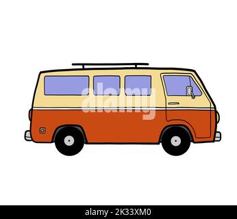 Un camping-car ou une autocaravane de couleur rouge. Dessin à la main, isolé sur fond blanc. Van Life Road trip liberté style de vie. Banque D'Images