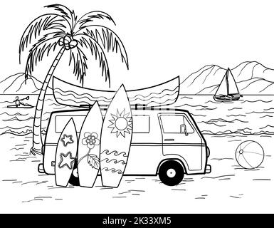 Un véhicule de camping-car avec un groupe de planches de surf et un bateau de kayak sur une île tropicale de plage. Van Life, surf vacances en plein air en vacances d'été. Banque D'Images