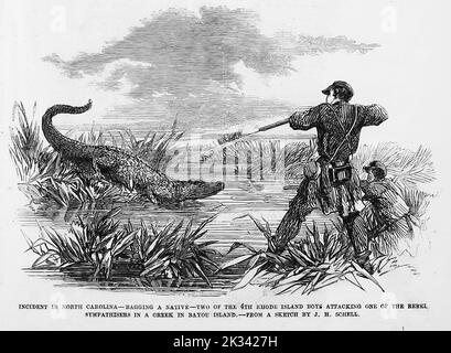 Incident en Caroline du Nord - ensachage d'un indigène - deux des 4th garçons de Rhode Island attaquent un des sympathisants de Rebel dans une crique de Bayou Island. Juin 1862. Illustration de la guerre de Sécession américaine du 19th siècle tirée du journal illustré de Frank Leslie Banque D'Images