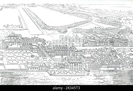 Carte aérienne du palais Whitehall au 17th siècle. Y compris le palais de Whitehall qui a brûlé à la fin du 17th siècle Banque D'Images