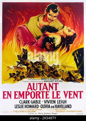 Affiche du film français vintage pour - GONE WITH THE WIND, l'art de l'affiche française, Clark Gable, Vivien Leigh, 1939 Banque D'Images