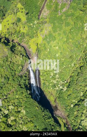 Vue aérienne des chutes de Manawaiopuna (Jurassic Park Falls), Kauai, Hawaï, États-Unis, Amérique du Nord Banque D'Images