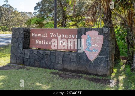Panneau d'entrée au parc national des volcans d'Hawaï, Big Island, Hawaï, États-Unis, Amérique du Nord Banque D'Images