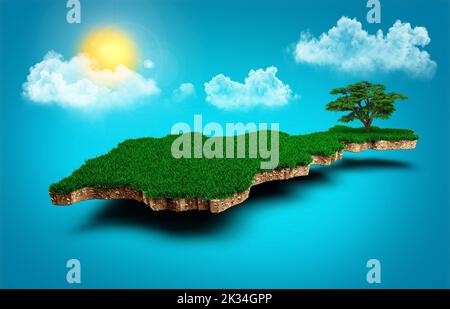 Un rendu 3D d'une carte avec le soleil et les nuages sur un fond bleu Banque D'Images
