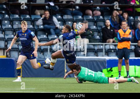 Ollie Lawrence de Worcester Warriors est affrontée par Mateo Carreras de Newcastle Falcons lors du match Gallagher Premiership Warriors de Worcester vs Newcastle Falcons au Sixways Stadium, Worcester, Royaume-Uni, 24th septembre 2022 (photo de Nick Browning/News Images) Banque D'Images