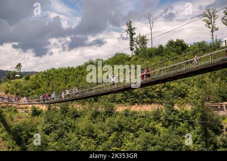 Le pont suspendu SkyBridge de Gatlinburg dans le Tennessee avec des personnes marchant dessus et de la verdure autour Banque D'Images