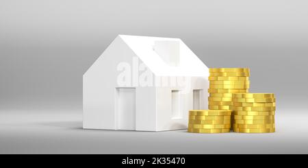 Concept d'évaluation immobilière. Concept hypothécaire. Une maison modèle avec trois piles de pièces de monnaie devant. Banque D'Images
