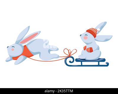 Les lapins d'hiver de la clipart ont l'amusement en plein air traîneau Illustration de Vecteur