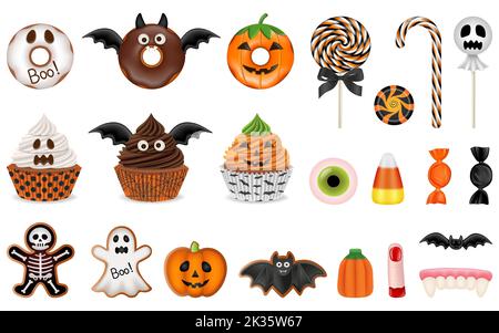 Ensemble de friandises isolées pour halloween. Collection de gâteaux et bonbons pour halloween Illustration de Vecteur