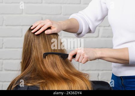 Belle fille aux cheveux longs. Créer une coiffure pour une fille méconnaissable. Processus de coiffage. Banque D'Images