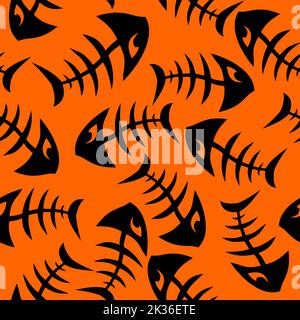 motif brillant sans couture de squelettes de poissons graphiques noirs sur fond orange, texture, design Banque D'Images