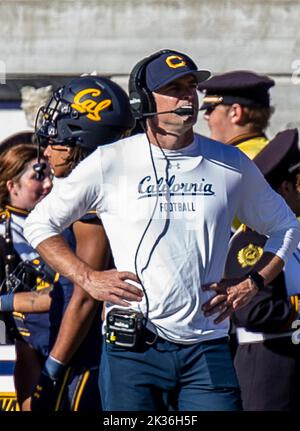 24 septembre 2022 Berkeley CA, États-Unis l'entraîneur-chef de Californie Justin Wilcox sur la touche pendant le match de football NCAA entre les Wildcats d'Arizona et les ours d'or de Californie. La Californie a battu l'Arizona 49-31at California Memorial Stadium. Thurman James/CSM Banque D'Images