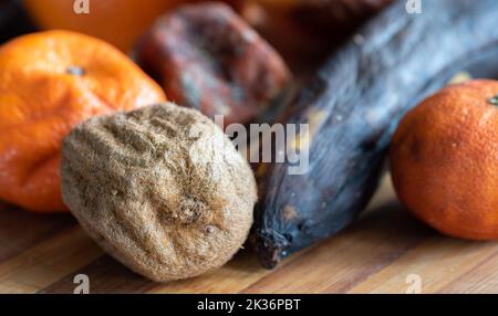 Pourriture de fruits sur une planche en bambou en gros plan. Vieux agrumes. Nourriture gâtée. Banque D'Images