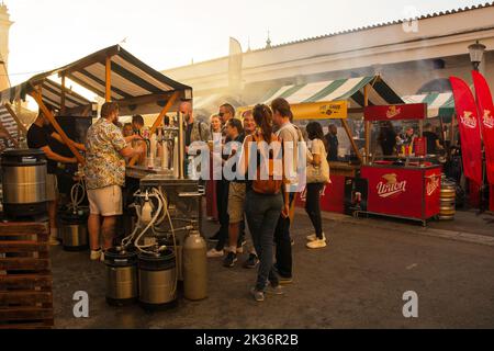 Ljubljana,Slovénie - 3 septembre 2022.touristes et locaux apprécient la nourriture et les boissons dans un marché extérieur de nourriture de rue à Pogacarjev Trg, centre de Ljubljana Banque D'Images