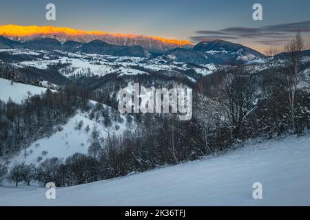 Magnifique paysage hivernal à l'aube avec de hautes montagnes enneigées. Lever de soleil magique et crête de montagne enneigée en arrière-plan, montagnes Piatra Craiului, Carpates Banque D'Images