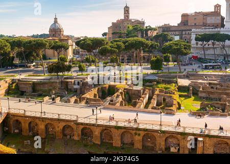 Paysage de forums romains anciens à Rome, Italie. Panorama des ruines anciennes, de la route et des pins dans le centre-ville de Rome. Foro Romano et Fori Imperiali sont t Banque D'Images